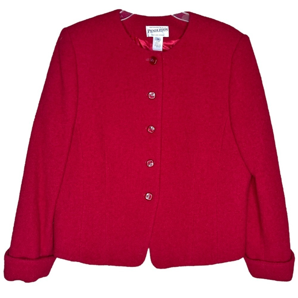 Pendleton Vintage Red Virgin Wool Collarless Professional Cropped Jacket size 14